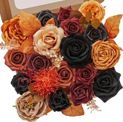 Miniatura 12 de Serwalin Flores de seda, flores artificiales burdeos para decoración de boda, rosas falsas rosas rosas y rojas con tallos y caja de vegetación, A