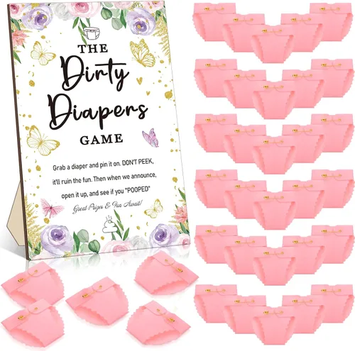 BBTO 51 piezas de pañales sucios para baby shower, juego de mariposa para baby shower, divertido letrero de madera, 50 piezas, mini pañal de fieltro