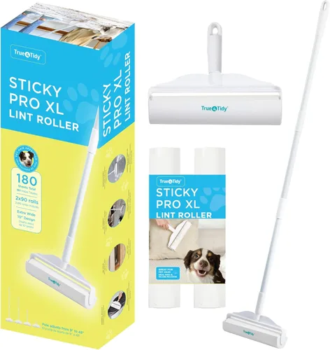 True & Tidy StickyPro - Juego de rodillos de pelusa XL con 2 repuestos de rodillos para pelusas, resistente, duradero, mango ajustable, funciona muy
