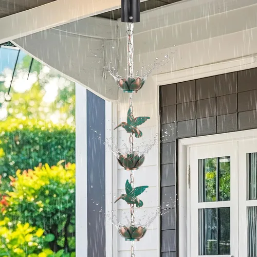 Miniatura 6 de shumi Cadena de lluvia de 8.8 pies para canalones exteriores, cadena de lluvia de colibrí con 12 copas de cadena de lluvia de loto de cobre