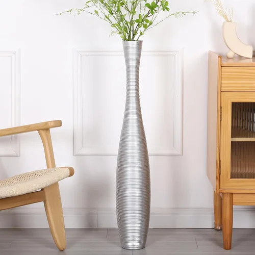 Leewadee Jarrón decorativo alto de piso para decoración de sala de estar, 34 pulgadas, plateado, resina Plata