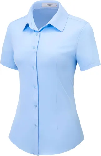 Miniatura 10 de Camisas con botones para mujer, de manga corta, elásticas, sin arrugas, para negocios, casual, oficina, blusa de trabajo