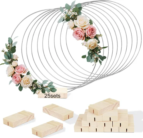 Miniatura 8 de 25 Piezas Aro Floral de Metal de 12 Pulgadas con Soporte para Mesa, Anillo de Corona Dorada de Macramé de Metal con 25 Piezas de Soportes con Base
