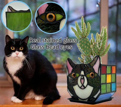 Miniatura 5 de Macetas Tiffany Lindas con Gatos de Vidrio Manchado, Para Plantas de Interior y Exterior, Maceta de Plantas con Gato Negro, Portavelas Contenedor