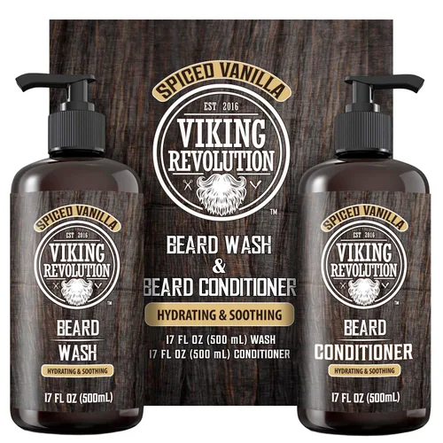 Viking Revolution Champú y acondicionador de barba para hombres con aceite de argán y aceite de jojoba, suavizante y fortalecedor para el cuidado de