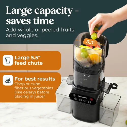 Miniatura 2 de Pantrymade Exprimidor de prensa en frío Conducto de alimentación de 5.5 pulgadas, frutas enteras, alto rendimiento Slow Masticating, 5.5" Large