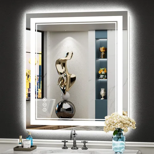 Miniatura 40 de 30x36 Espejo de baño LED con luces, retroiluminado y luz frontal, espejo de tocador iluminado antivaho para pared de baño, 3 colores, regulable