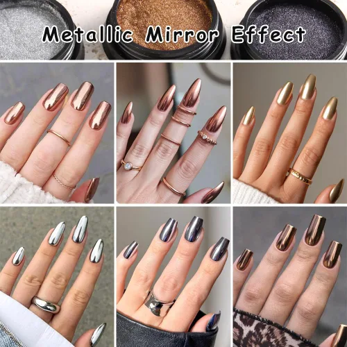 Miniatura 2 de Polvo de uñas cromado, efecto espejo, polvo metálico, 6 colores, bronce, marrón, negro, oro rosa, holográfico, purpurina cromada, pigmento en polvo