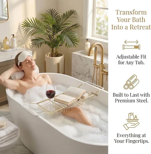 Miniatura 2 de Cabilock Bandeja de baño de acero inoxidable de lujo – Estante de baño moderno expandible de 24.8 pulgadas para bañera con copa de vino y soporte