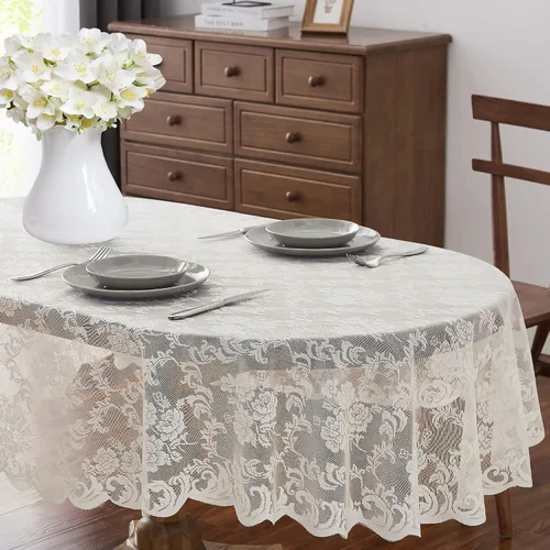 Miniatura 15 de ASATEX Mantel redondo de encaje de lino dorado de 48 pulgadas. El patrón floral clásico y elegante es la elección ideal para cualquier comedor