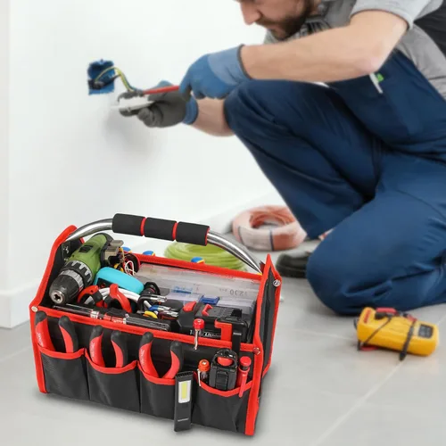 Miniatura 8 de HAUTMEC TB0001 - Bolsa de mano de 8 bolsillos con tapa abierta para electricista, marco rígido de 13 pulgadas, contenedor de herramientas