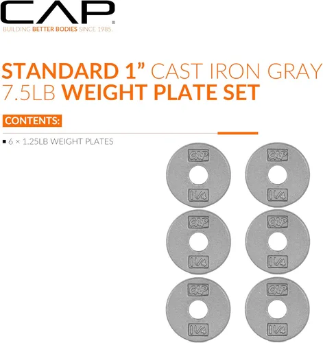 Miniatura 2 de CAP Barbell Placas de peso estándar de hierro fundido de 1 pulgada, individuales y juegos 1.25-50 libras Múltiples opciones Gris