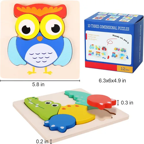 Miniatura 3 de QZMTOY Rompecabezas para niños pequeños, paquete de 10 rompecabezas de madera para niños pequeños, rompecabezas Montessori para niños de 1-3, 2-4