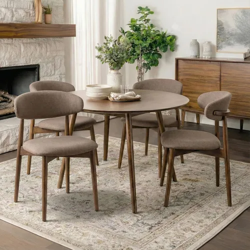 Juego de 4 sillas de comedor, sillas tapizadas de estilo granja, sillas modernas de tela para cocina con patas de madera maciza, color camello