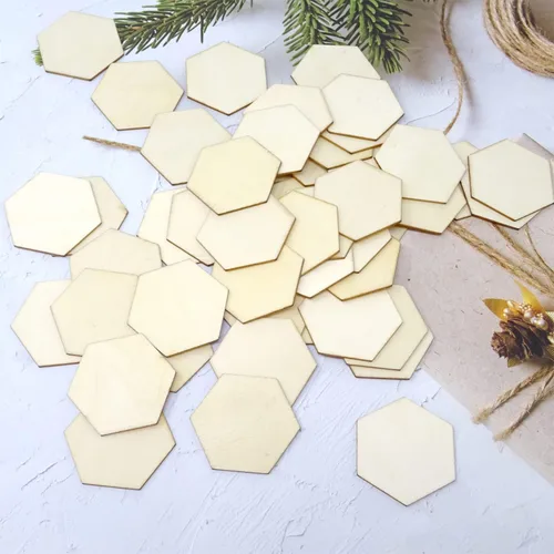 Miniatura 6 de Honbay 50 piezas de 1.57 pulgadas hexagonales en blanco sin terminar rebanadas de madera para manualidades, decoración del hogar, juegos, educación