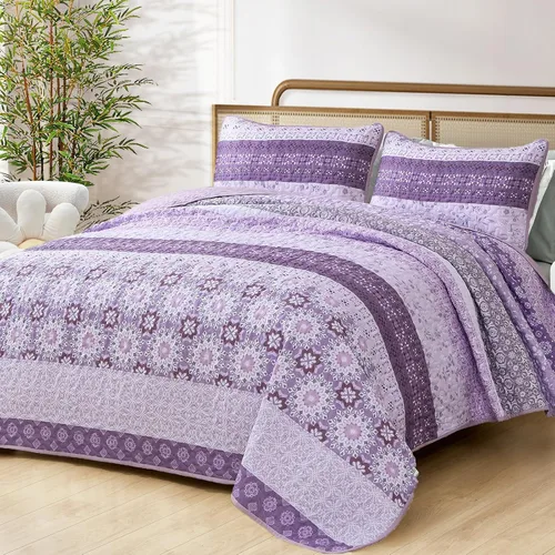 Miniatura 15 de WONGS BEDDING Juego de edredón bohemio tamaño Queen, juego de colcha de retazos a rayas bohemias aguamarina con 2 fundas de almohada, juego de ropa