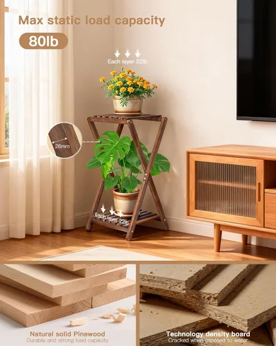 Miniatura 5 de Soporte para plantas de interior, soportes de madera de 2 niveles para plantas, estante cuadrado de esquina, soporte rústico para flores, soporte