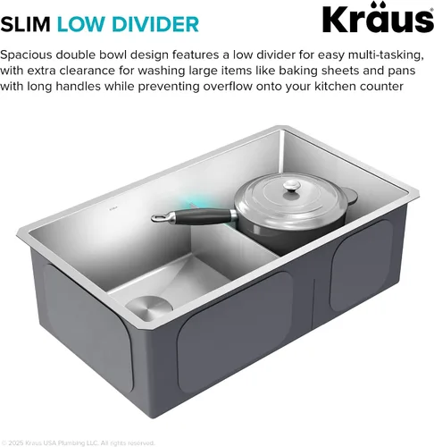 Miniatura 9 de Kraus Fregaderos de cocina de montaje inferior, fregadero de cocina de acero inoxidable de 32 pulgadas, cuenco doble 60/40, calibre 16