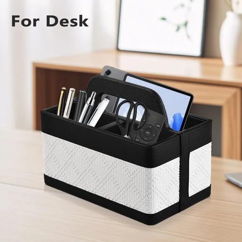 Miniatura 3 de Organizador de Escritorio Caddy con Asa - Soporte Portátil de Cuero PU para Control Remoto - Bolsa de Almacenamiento Tote para Mesita de Noche