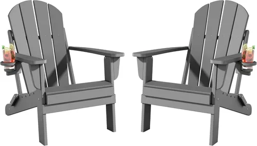 Miniatura 7 de Folding Adirondack Chairs Set, All-Weather Resistant HDPE Sturdy Outside Chairs with Cup Holder and Phone Stand, Lawn Chairs, 80% Pre-Installed Load