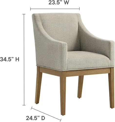 Miniatura 3 de Modway Alton Silla de comedor tapizada con brazos en lino natural – Silla de cocina acolchada moderna de mediados de siglo con patas de madera