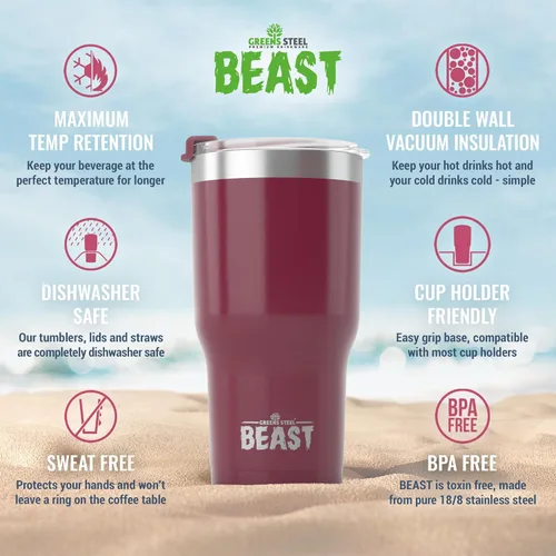 Miniatura 6 de Beast Vaso Térmico de 30 oz de Acero Inoxidable con Aislamiento al Vacío para Café y Hielo de Doble Pared Termo de Viaje (Rojo Arándano)
