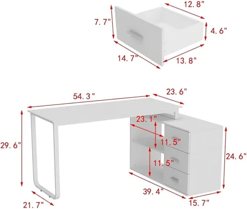 Miniatura 2 de Homsee Escritorio de esquina para computadora de oficina en casa con 3 cajones y 2 estantes, mesa de estudio grande en forma de L de 55 pulgadas