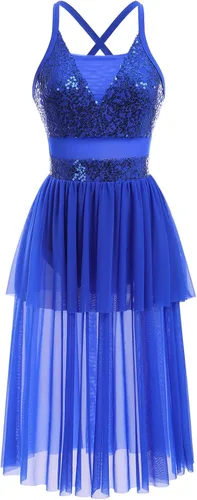 ODASDO Disfraces de baile lírico para mujer, moderno y contemporáneo, vestido de tul de malla con volantes y lentejuelas cruzadas