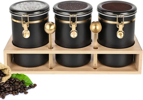 Miniatura 8 de Yangbaga Botes de café de acero inoxidable 304 para café molido, 2 recipientes de café de 63 onzas con estante de almacenamiento de granos de café