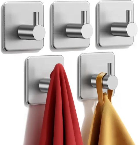 Ganchos adhesivos resistentes de 30 lb (máx) de capacidad, juego de 5 ganchos de pared de acero inoxidable sin daños para colgar abrigos, sombreros,