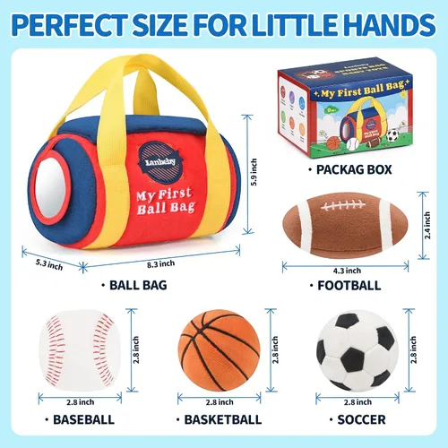 Miniatura 7 de Juguetes para Bebés Niños de 6-12 Meses – My First Sports Bag Juguetes Musicales para Bebés con 4 Pelotas Sensoriales – Baloncesto, Fútbol