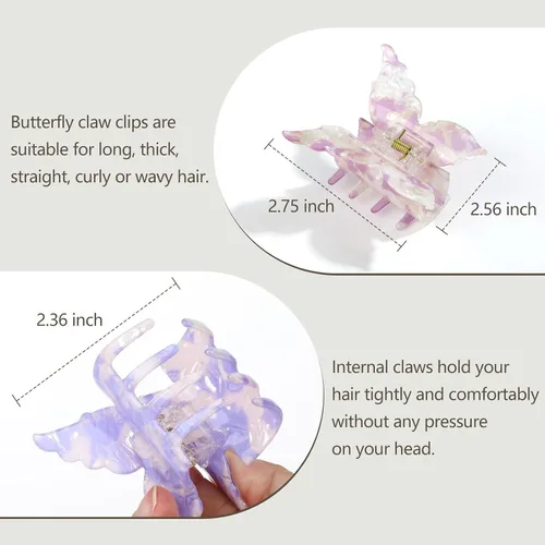 Miniatura 4 de Shinowa Pinzas para el cabello de mariposa, paquete de 4 pinzas de mariposa para cabello grueso y delgado, 2.75 pulgadas, hermosas pinzas