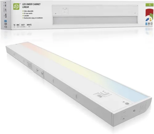 ASD Iluminación LED de 45 cm para debajo del gabinete enchufable o cableada, interruptor alto/bajo/apagado, 8W 120V 3 CCT 2700K/3000K/4000K CRI90+,