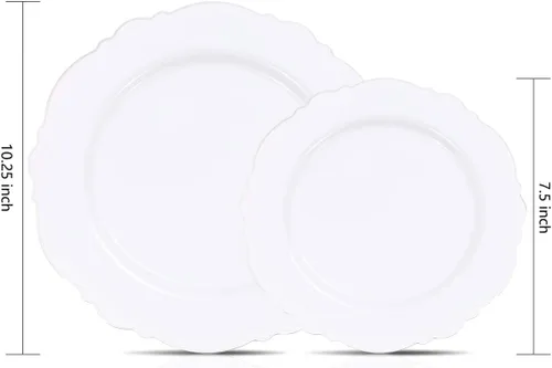 Miniatura 6 de WDF 100 platos de plástico plateado, diseño barroco de alta gama, platos blancos y plateados resistentes para fiestas de Navidad y bodas de lujo