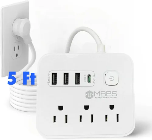 Regleta protectora contra sobretensiones con USB C, protección 1200J, cable de extensión resistente, (7 en 1), 3 salidas de CA, 4 puertos USB, Blanco