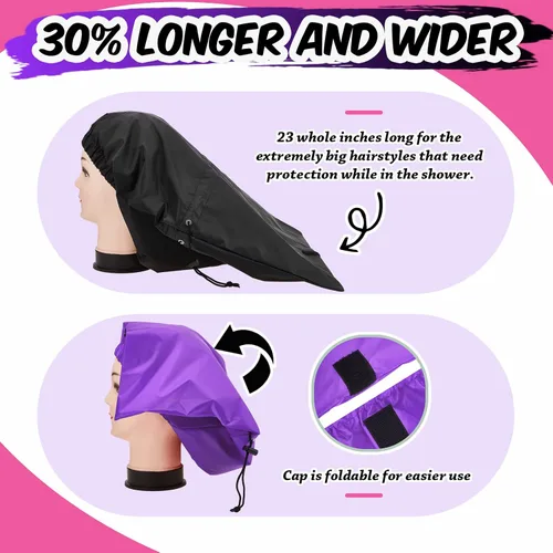Miniatura 4 de SATINIOR 2 gorros de ducha extra grandes para trenza, impermeables, ajustables, reutilizables, con lazo de secado, gorros de pelo para mujeres