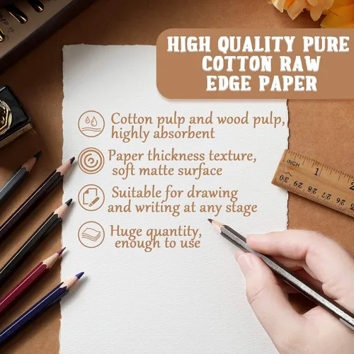 Miniatura 3 de Panelee 100 hojas de papel de acuarela hecho a mano de 300 GSM, a granel con borde deckled, 5.8 x 8.25 pulgadas, algodón texturizado blanco, papel