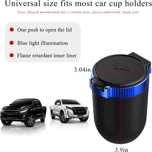 Miniatura 2 de Ohleats Cenicero de coche con tapa, cenicero desmontable de acero inoxidable con luz LED azul, cenicero portátil mini para vehículo, portavasos