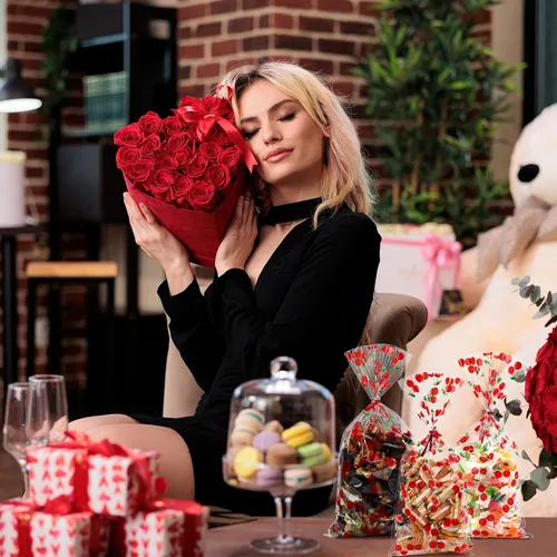 Miniatura 5 de Yexiya 100 bolsas transparentes de celofán de cerezas rojas para golosinas, bolsa de regalo con lazos de cinta, bolsas de plástico impresas