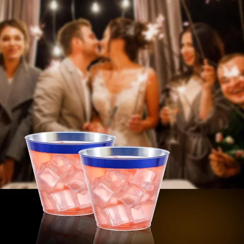 Miniatura 4 de DaYammi 120 Piezas Vasos de Plástico Azul de 9 Oz Vasos de Fiesta de Plástico Transparente Desechables con Borde Azul Copas de Vino Desechables