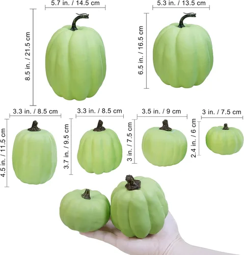 Miniatura 2 de Winlyn 7 calabazas artificiales de cosecha de color verde claro surtidas para Acción de Gracias, Halloween, otoño, mesa de boda, centro de mesa
