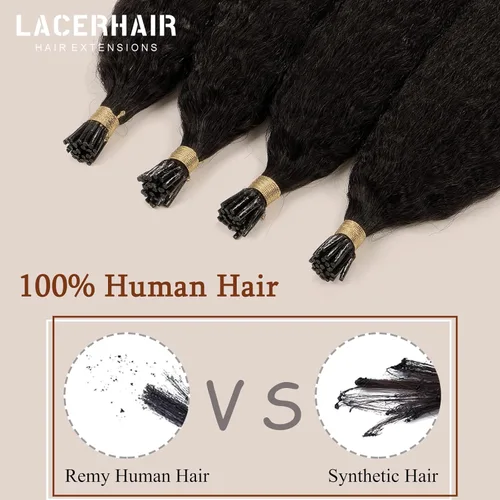 Miniatura 6 de Lacer Extensiones de cabello humano con punta en I, extensiones de cabello humano rizado lacio color negro natural, 1B de 12 pulgadas, extensiones