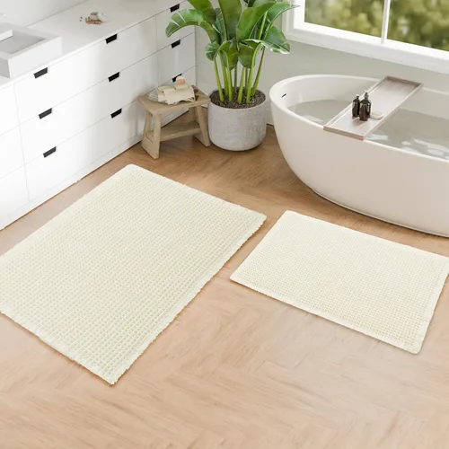 Miniatura 9 de Hiasan Tapete de baño de punto gofre, súper absorbente, antideslizante, con borlas, lavable a máquina, tapete con parte trasera de goma ultra suave