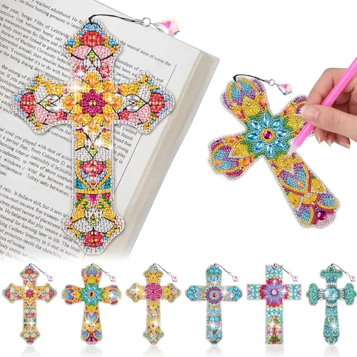 Ireer 6 marcapáginas de arte de diamantes 5D cruzados para adultos, kit de pintura de bricolaje, regalos de Navidad, cristianos religiosos, llavero