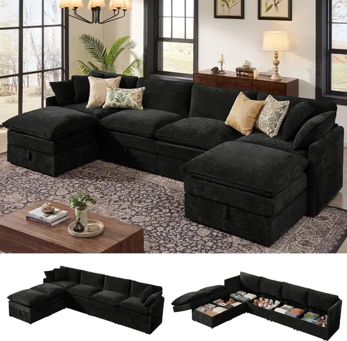 Miniatura 26 de Ihanherry Sofá cama modular de gran tamaño con almacenamiento, sofá nube modular de 6 plazas de 103 pulgadas con otomanas móviles, sofás de felpilla