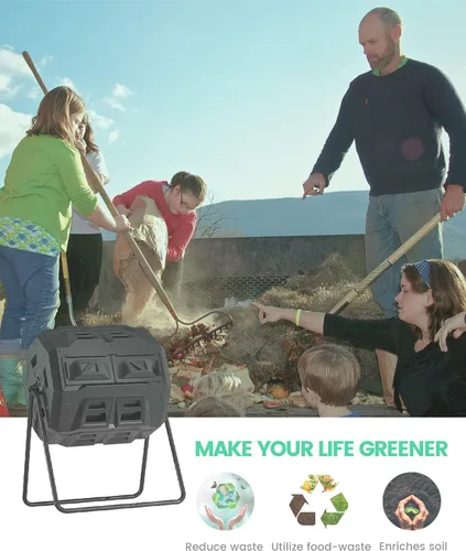 Miniatura 6 de Compostador giratorio mejorado 2021 con termómetro de compost - Contenedor de compost de jardín de cámara doble (43 galones, negro)