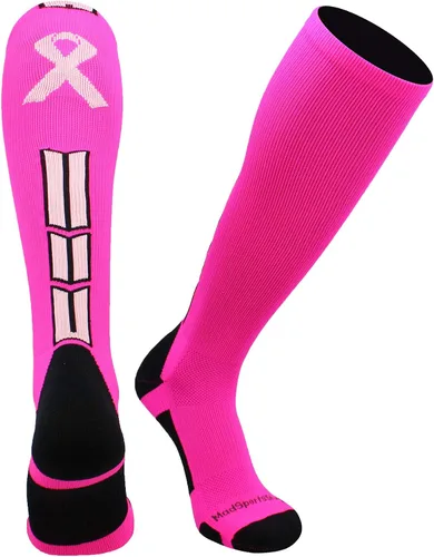MadSportsStuff Triumph - Calcetines de concientización sobre el cáncer de mama con cinta rosa para fútbol, béisbol, softbol, niños, niñas y hombres