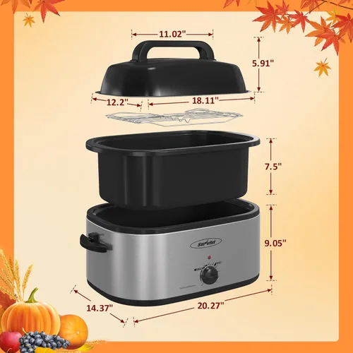 Miniatura 8 de Sunvivi Horno asador eléctrico con tapa visible, horno asador de pavo de 24 cuartos de galón con sartén y estante extraíbles, acero inoxidable