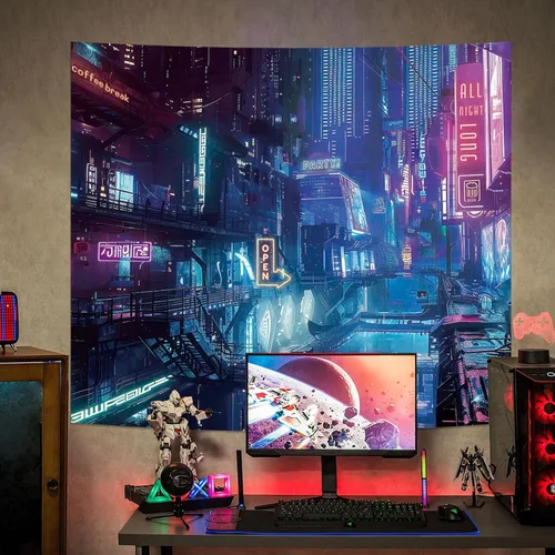 Miniatura 8 de Tapiz de Pared de Ciudad Anime Punk para Dormitorio, Tapices Japoneses Futuristas de Calle Nocturna de Neón Ciberpunk Estéticos, Fondo