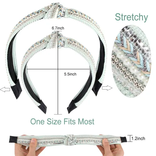 Miniatura 5 de TOBATOBA Diademas anudadas para mujer, paquete de 3 diademas con cuentas de perlas de diamantes de imitación, diademas bohemias con nudo superior